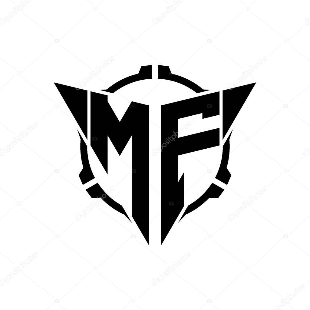 MF Gaming Logo Initial with geometric modern Triangle rounded Scope Sniper Tactical style design in isolated background, minimalist gaming monogram logo design, sniper shoot triangle logo letter.
