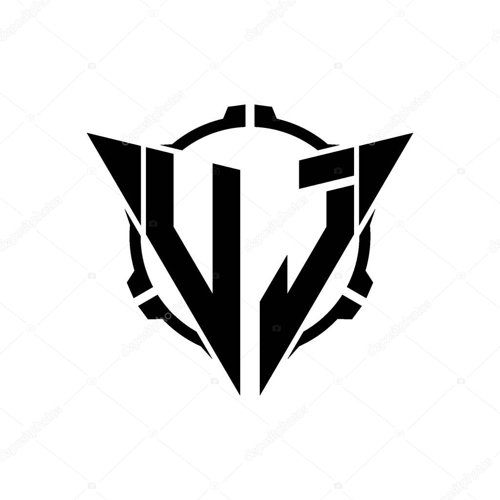VJ Gaming Logo Initial with geometric modern Triangle rounded Scope Sniper Tactical style design in isolated background, minimalist gaming monogram logo design, sniper shoot triangle logo letter.