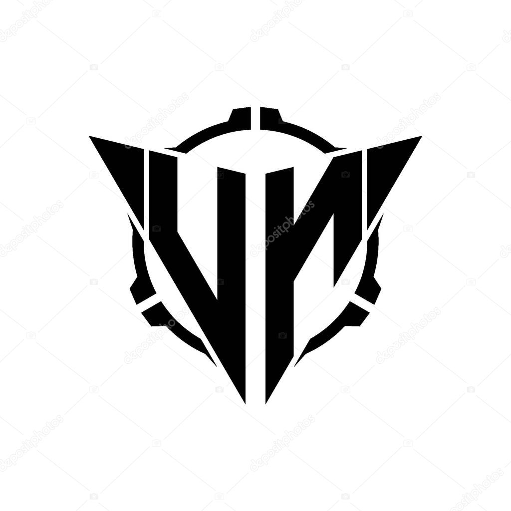 VN Gaming Logo Initial with geometric modern Triangle rounded Scope Sniper Tactical style design in isolated background, minimalist gaming monogram logo design, sniper shoot triangle logo letter.