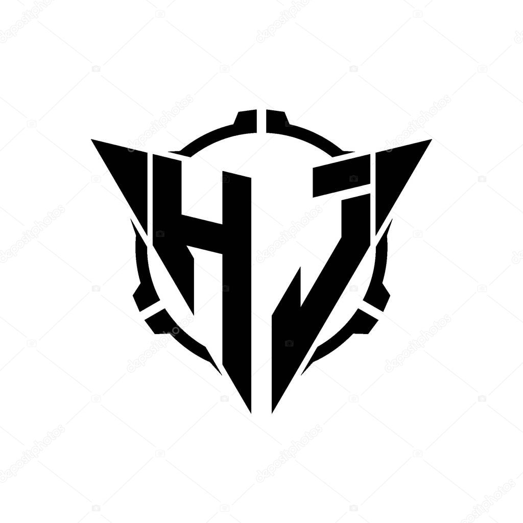HJ Gaming Logo Initial with geometric modern Triangle rounded Scope Sniper Tactical style design in isolated background, minimalist gaming monogram logo design, sniper shoot triangle logo letter.