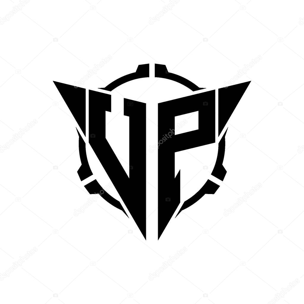 UP Gaming Logo Initial with geometric modern Triangle rounded Scope Sniper Tactical style design in isolated background, minimalist gaming monogram logo design, sniper shoot triangle logo letter.