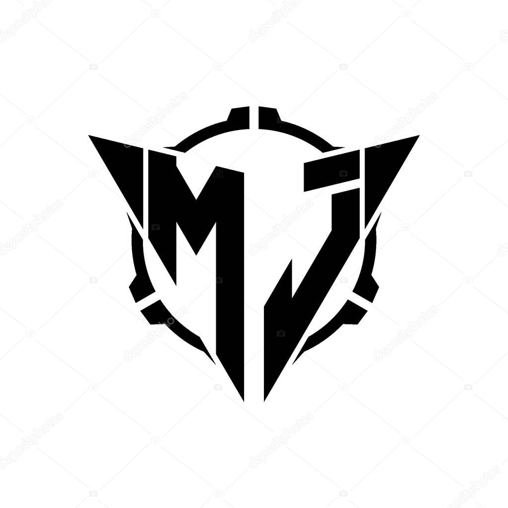 MJ Gaming Logo Initial with geometric modern Triangle rounded Scope Sniper Tactical style design in isolated background, minimalist gaming monogram logo design, sniper shoot triangle logo letter.