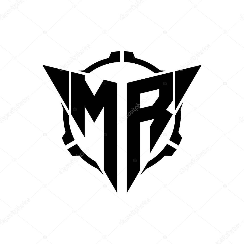 MR Gaming Logo Initial with geometric modern Triangle rounded Scope Sniper Tactical style design in isolated background, minimalist gaming monogram logo design, sniper shoot triangle logo letter.