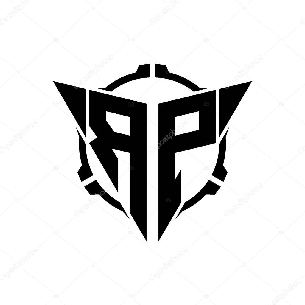 RP Gaming Logo Initial with geometric modern Triangle rounded Scope Sniper Tactical style design in isolated background, minimalist gaming monogram logo design, sniper shoot triangle logo letter.