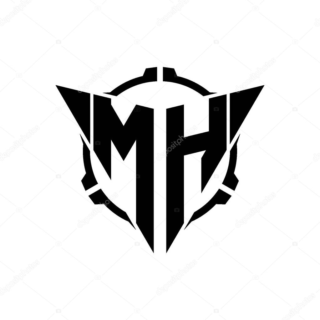MH Gaming Logo Initial with geometric modern Triangle rounded Scope Sniper Tactical style design in isolated background, minimalist gaming monogram logo design, sniper shoot triangle logo letter.