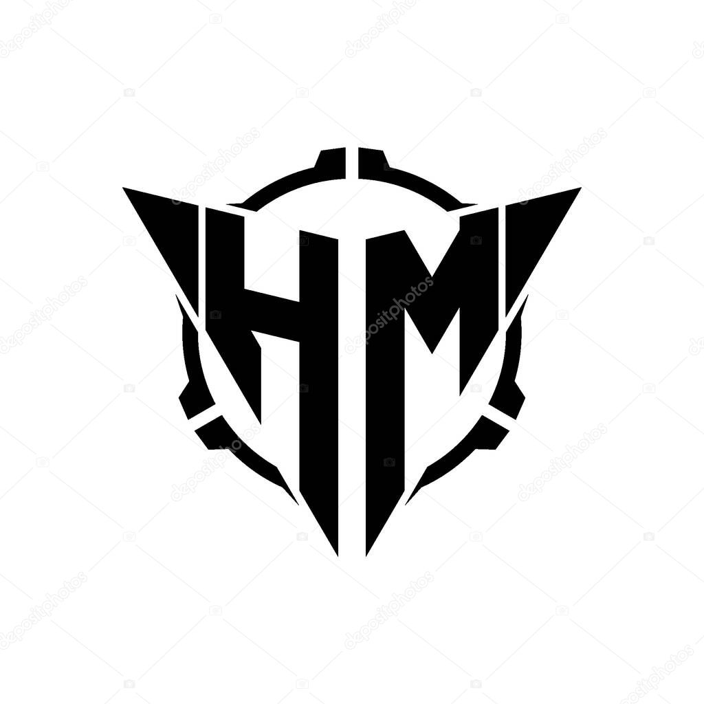 HM Gaming Logo Initial with geometric modern Triangle rounded Scope Sniper Tactical style design in isolated background, minimalist gaming monogram logo design, sniper shoot triangle logo letter.