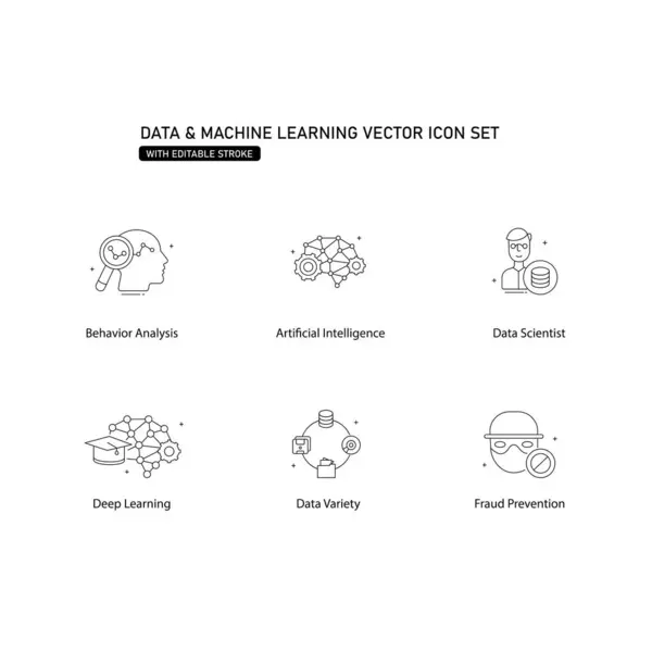 stock vector AI Data and Machine Learning Vector Icon Set with Editable Stroke, behaviour Analysis, data Scientist, Deep Learning, Data Variety, fraud prevention