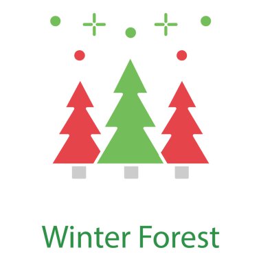 Karlı Evergreen Ormanı Kış Vektörü Simge Çizimi Düz Tasarım