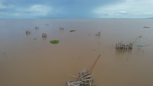 Aerial View Pakpra Village Still Fishing Traditional Method Net Made — Stockvideo
