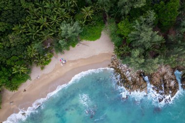 Top view aerial photo from flying drone of amazing beautiful sea beach landscape with turquoise water, Copy space for your advertising text message or promotional content,Travel and tour background