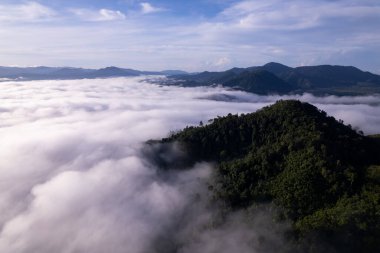 Tropikal yağmur ormanlarında akan sis dalgalarının hava görüntüsü bulutların üzerindeki kuş bakışı görüntü Tayland 'da bulutlar ve dağ zirveleriyle dolu arka plan.