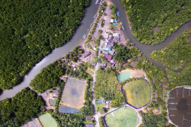 Phangnga Tayland 'da balıkçı limanı ve mangrov ormanları olan balıkçı teknelerinin hava manzarası.