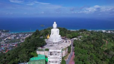White Marble Big Buddha Statue Temple. Close Up Aerial View big buddha on top of mountains at Phuket Thailand
