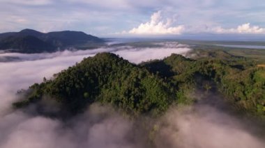 High angle view drone view of fog in rainy season over mountains,Beautiful sunrise sky clouds for create nature video scene. 4K High quality footage