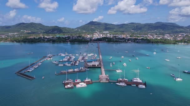 Vista Aérea Top Drone Shot Yacht Sailboat Parking Marina Transporte — Vídeo de Stock