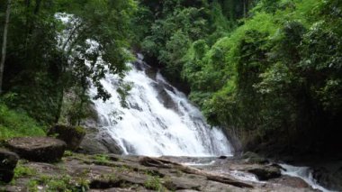 Waterfall in Abundant Clear Stream in the forest,Slow motion waterfall river with crystal clear water morning light nature background