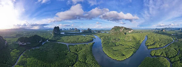 Aerial view panorama Drone shot of Nature landscape mountain view located in Phang-nga Thailand. Drone flying over sea and mangrove forest Landscape High angle view
