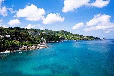 Aerial view of seashore at Phuket Thailand, Beautiful seacoast and open sea in summer season,Nature recovered Environment and Travel background