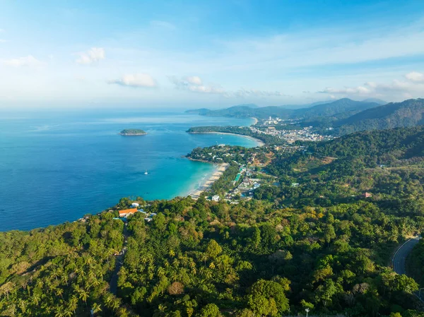 Aerial view drone shot of beautiful landscape 3 bays view point at Kata,Karon beach Viewpoint in Phuket island Thailand,Beautiful landmark travel place view point nature in phuket