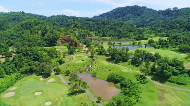 Aerial View Golf Course Putting Green Grass Trees Golf Field — Stock Video