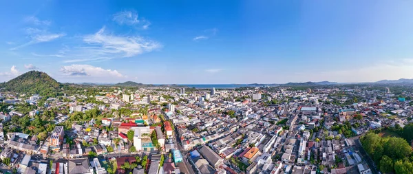 stock image Phuket city Thailand on March 2023, Aerial view drone photography High angle view of Phuket city, Phuket province Thailand, Panorama of phuket city thailand in sunset or sunrise sky background