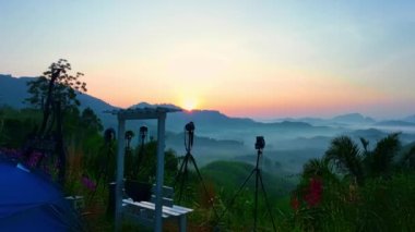 Hava Aracı Uçuşu Gün batımında Dağ 'daki bereketli ağaç ormanı üzerinde uçar ya da yaz gününde güneş ışığıyla gün doğumunu seyreder, İnanılmaz doğa manzarası