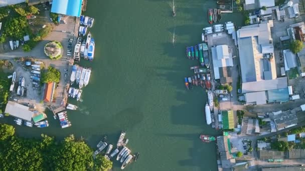 Úžasný Pohled Shora Plachetnice Rybářské Lodě Jiné Vodní Skútry Přístavu — Stock video