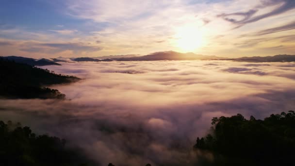 空中ビュー日の出の空に霧の上を飛んで 日の出に雲のカラフルな空の美しい海 太陽が地平線まで雲の無限の海の上に上昇している — ストック動画