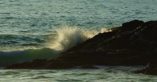 Разбивающиеся Волны Текущие Береговым Скалам Темном Море Фоне Поверхности Океана — стоковое видео