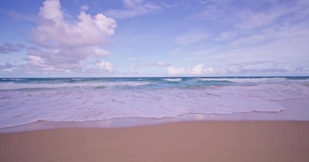 Wellen Krachen Einem Sonnigen Tag Auf Das Sandige Ufer Sommerstrand — Stockvideo