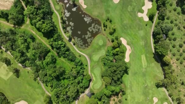 緑の芝生と木をゴルフ場に配置したゴルフ場の空中ビューフェアウェイと緑のトップビューを置く夏の晴れた日にゴルフ場の素晴らしい鳥の目のビュー — ストック動画