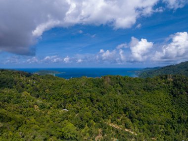 Yüksek dağlardaki drone kameralı yağmur ormanları, sağlıklı çevre kavramına ve yaz geçmişine sahip ekoloji.