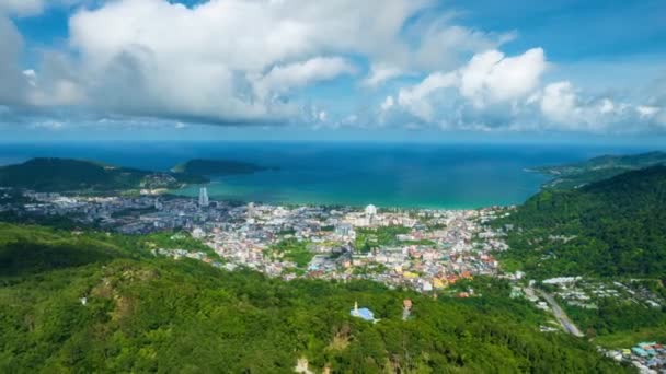 Aerial View Drone Hyperlapse August 2023 Patong City Mountains Foreground — Stock Video