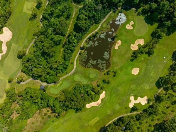 Aerial View Drone Shot Beautiful Green Golf Field Fairway Putting — Stock Photo, Image