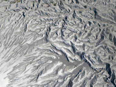 Volkan arazi dokusunun yukarıdan aşağıya havadan görünüşü, Bromo volkanı Endonezya 'nın soyut arka planı
