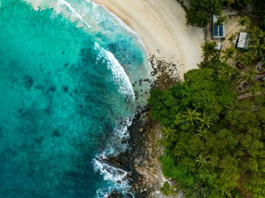 Kuş bakışı deniz kıyısı. Büyük dalgalar kayalıklara çarpıyor. Güneşli yaz arka planında güzel dalgalar deniz yüzeyinde inanılmaz deniz manzarası deniz manzarası manzarası