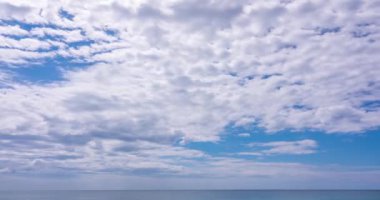 Timelapse nature landscape of Beach sea and clouds moving in the blue sky in good weather day.Sunlight reflected on the sea surface.Clouds traveling over the wide space of clear blue sky background