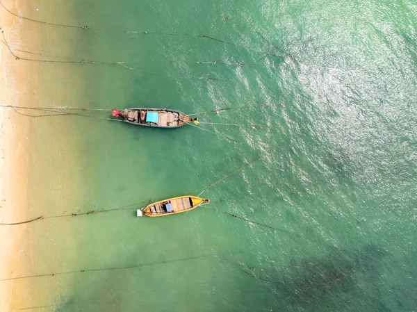 stock image Tropical sea beach seascape with longtail fishing boats,Summer sea landscape background Top view