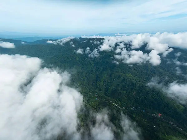 Luftaufnahme Fließende Nebelwellen Auf Bergen Tropischer Regenwald Vogelperspektive Bild Über — Stockfoto