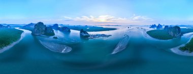 Phang Nga Tayland 'daki Panyee adasının havadan görünüşü, Yüksek açılı yüzen köy, Koh Panyee balıkçı köyü Tayland, Phang Nga' da.