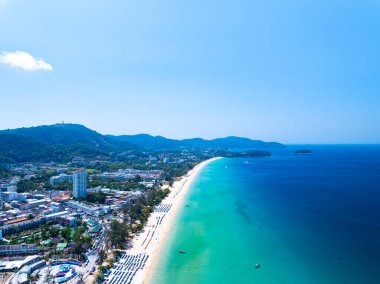 Beautiful beach sea in summer season,Travel and nature environment concept,Sea beach background Top view image from drone