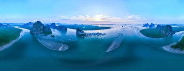 Phang Nga Tayland 'daki Panyee adasının havadan görünüşü, Yüksek açılı yüzen köy, Koh Panyee balıkçı köyü Tayland, Phang Nga' da.