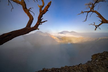 Turkuaz Su Gölü ile Deadwood Yapraksız Ağacı, Güzel doğa manzarası dağı ve Kawah Ijen volkanı, Doğu Java, Endonezya 'da yeşil göl