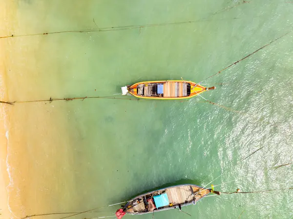 stock image Tropical sea beach seascape with longtail fishing boats,Summer sea landscape background Top view