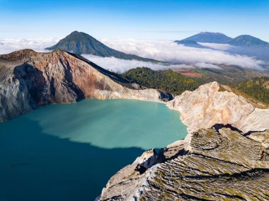 Gündoğumunda turkuaz sülfür gölü olan Kawah Ijen volkanı. Endonezya, Doğu Java 'da doğa manzarası. Doğal manzara arka planı