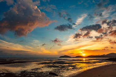 Landscape Long exposure of majestic clouds in the sky sunset or sunrise over sea with reflection in the tropical sea.Beautiful cloudscape scenery.Amazing light of nature Landscape nature background
