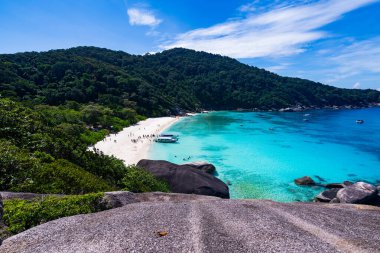Similan Adaları 'nda kumlu sahillere dalgaların çarptığı güzel bir sahil. Similan 8 numaralı tropik deniz adası. Similan Ulusal Parkı, Phang nga Tayland.