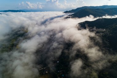 Tropikal yağmur ormanlarında uçan sis dalgalarının hava görüntüsü bulutların üzerinde kuş bakışı görüntüsü bulutlar ve dağ tepeleri ile doğa arka planı inanılmaz.