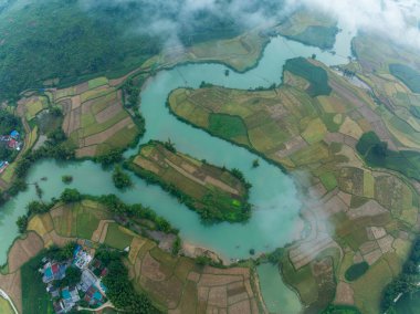 Kuzey Vietnam 'daki Trung Khanh, Cao Bang vilayetindeki Phong Nam köyünde pirinç tarlasıyla hava manzaralı bir manzara.