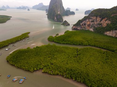 Aerial view Drone shot of Sametnangshe landscape view located in Phang-nga Thailand Beautiful sea Amazing landscape nature view clipart